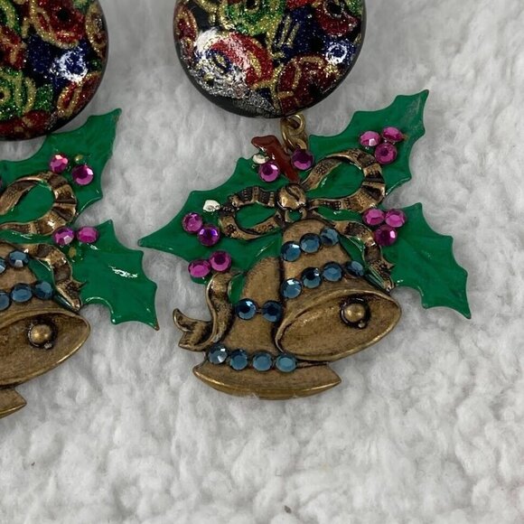 Vintage Christmas Bells Pierced Earrings 2.5"  Button Studs Dangle Rhinestones - Picture 6 of 10